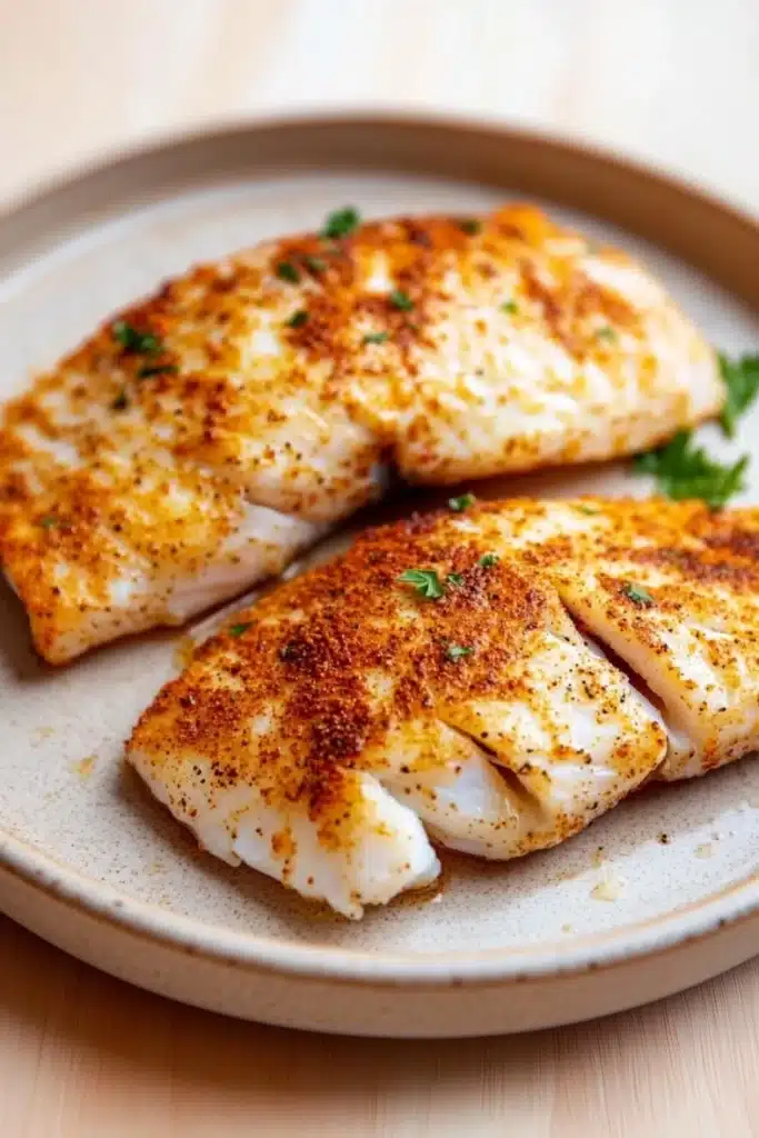 Air fryer tilapia thawed - the image shows two pieces of fish fillets on a white plate. the fillets are golden brown and appear to be seasoned with herbs and spices. the plate is sitting on a wooden table with a light-colored background. there are a few sprigs of parsley scattered around the plate, adding a pop of green color to the dish.
