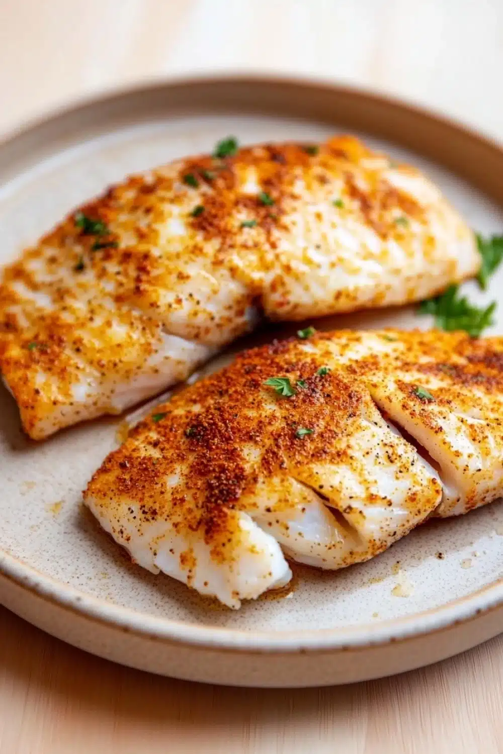 Air fryer tilapia thawed - the image shows two pieces of fish fillets on a white plate. the fillets are golden brown and appear to be seasoned with herbs and spices. the plate is sitting on a wooden table with a light-colored background. there are a few sprigs of parsley scattered around the plate, adding a pop of green color to the dish.