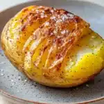 Air fryer yellow baked potato - the image shows a baked potato on a gray plate. the potato is golden brown and has a crispy texture. it is covered in a layer of melted cheese and sprinkled with black pepper. the plate is sitting on a wooden table with a toaster in the background. the overall color scheme of the image is warm and inviting.