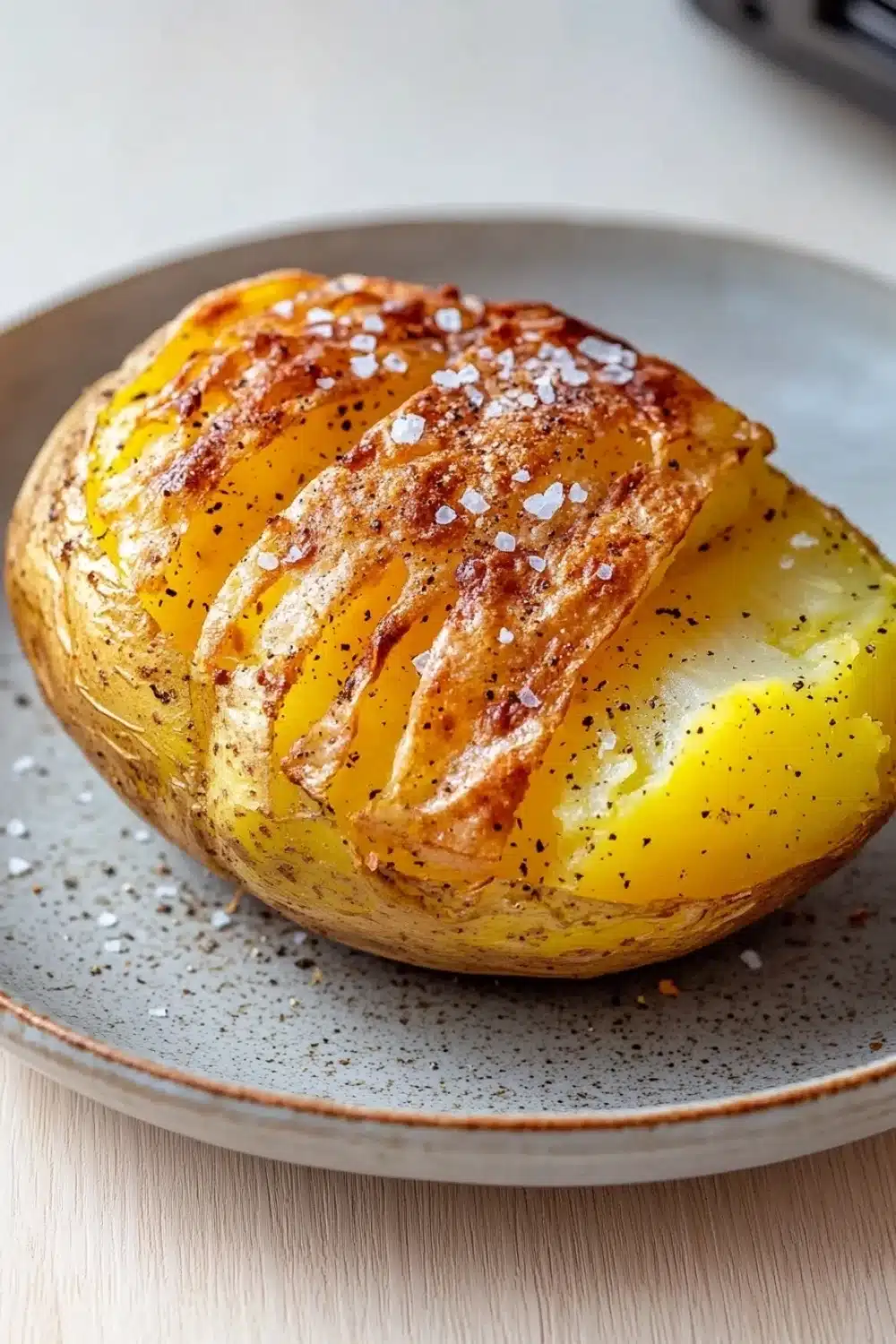 Air fryer yellow baked potato - the image shows a baked potato on a gray plate. the potato is golden brown and has a crispy texture. it is covered in a layer of melted cheese and sprinkled with black pepper. the plate is sitting on a wooden table with a toaster in the background. the overall color scheme of the image is warm and inviting.