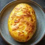 Air fryer yellow baked potato - the image is a close-up of a baked potato on a gray plate. the potato is golden brown and appears to be seasoned with herbs and spices. it is sitting on a dark grey surface, possibly a table or countertop. the edges of the potato are crispy and golden brown, indicating that it has been cooked to perfection. the dish looks freshly baked and ready to eat.