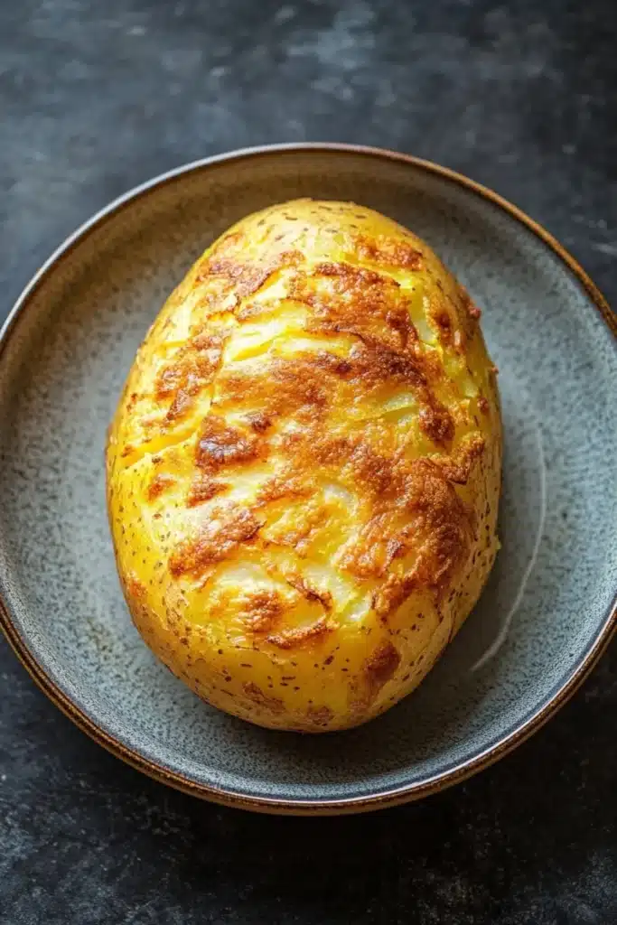 Air fryer yellow baked potato - the image is a close-up of a baked potato on a gray plate. the potato is golden brown and appears to be seasoned with herbs and spices. it is sitting on a dark grey surface, possibly a table or countertop. the edges of the potato are crispy and golden brown, indicating that it has been cooked to perfection. the dish looks freshly baked and ready to eat.