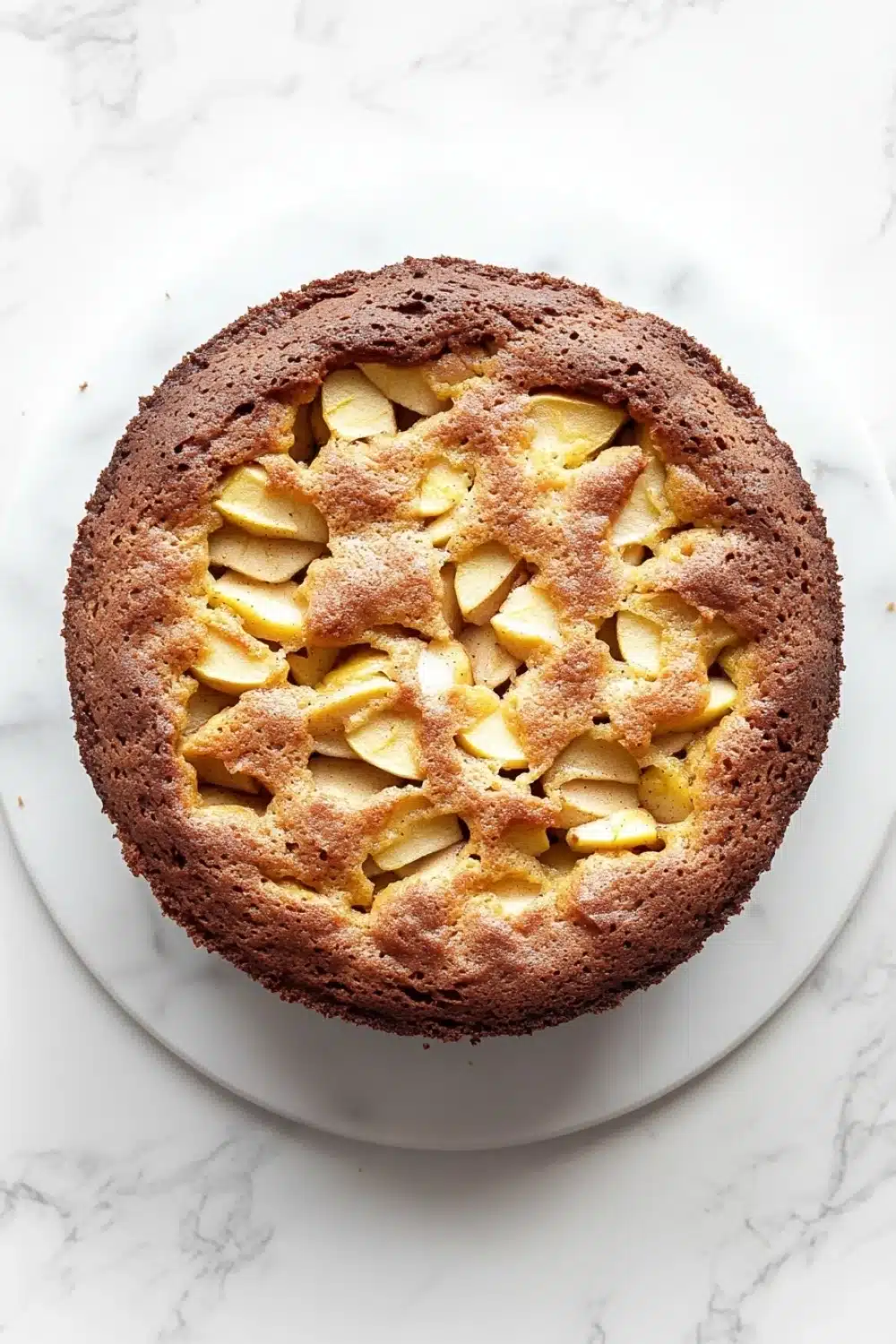Apple cake one bowl - the image is of a round cake on a white marble countertop. the cake appears to be freshly baked and has a golden brown crust on top. it is topped with sliced apples arranged in a criss-cross pattern, with some of the apples overlapping each other. the apples are cut into small cubes and are arranged in an even layer on top of the cake. the plate it is on is round and white, and the cake is placed on is placed in the center of the image.