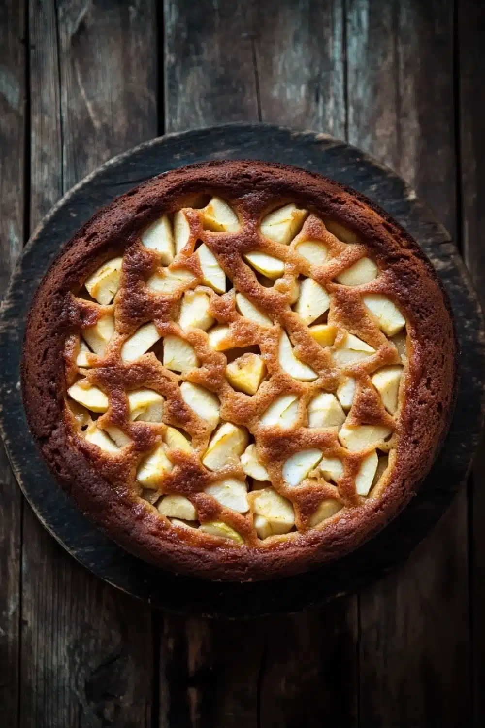 Apple cake yogurt - the image is a close-up of a round cake on a wooden table. the cake appears to be freshly baked and has a golden brown crust on top. the top of the cake is covered in a lattice-like pattern, which is made up of small cubes of apples arranged in a criss-cross design. the apples are evenly spaced and appear to be caramelized. the table has a rustic, weathered appearance, with visible grain and knots. the overall mood of the image is warm and inviting.