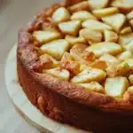 Apple cake yogurt - the image is of a round cake on a wooden cutting board. the cake appears to be freshly baked and has a golden brown crust on top. on top of the cake, there are small cubes of caramelized apples arranged in a circular pattern. the apples are cut into small cubes and are evenly spaced along the edges of the crust. the background is blurred, but it seems to be a kitchen countertop.