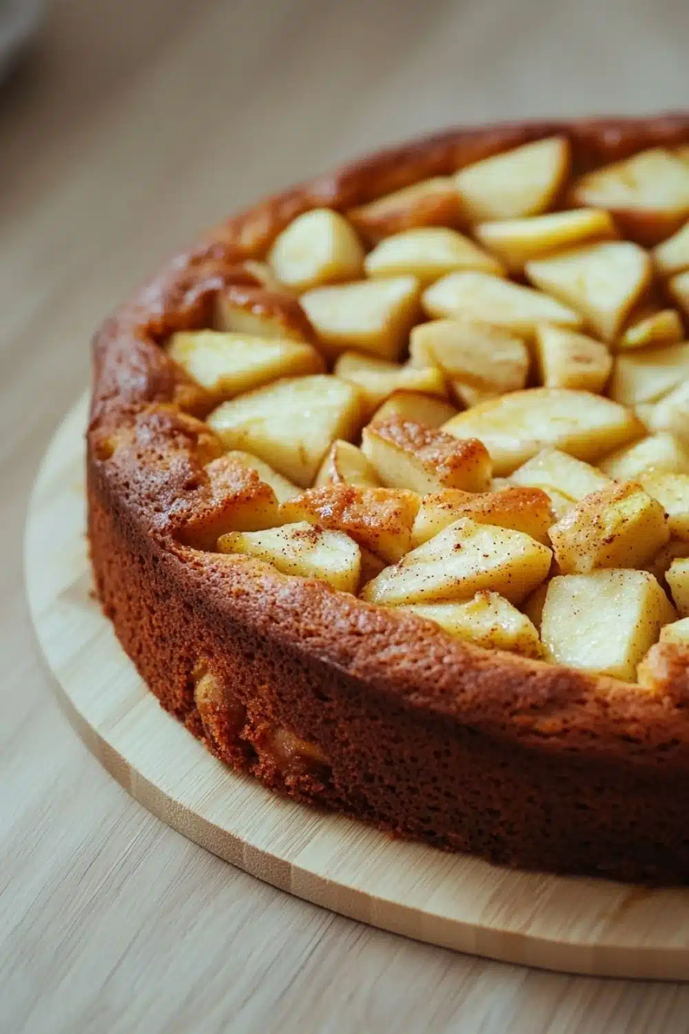 Apple cake yogurt - the image is of a round cake on a wooden cutting board. the cake appears to be freshly baked and has a golden brown crust on top. on top of the cake, there are small cubes of caramelized apples arranged in a circular pattern. the apples are cut into small cubes and are evenly spaced along the edges of the crust. the background is blurred, but it seems to be a kitchen countertop.