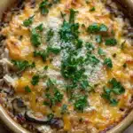 Baked chicken and wild rice casserole - the image shows a close-up of a casserole dish in a beige ceramic baking dish. the dish appears to be a baked dish with a golden-brown crust and a layer of melted cheese on top. the cheese is melted and bubbly, and there are small pieces of mushrooms scattered throughout the dish. there are also a few sprigs of fresh parsley on top, adding a pop of green color to the dish and giving it a fresh and appetizing appearance. the background is a wooden table, and the overall color scheme of the dish is warm and inviting.