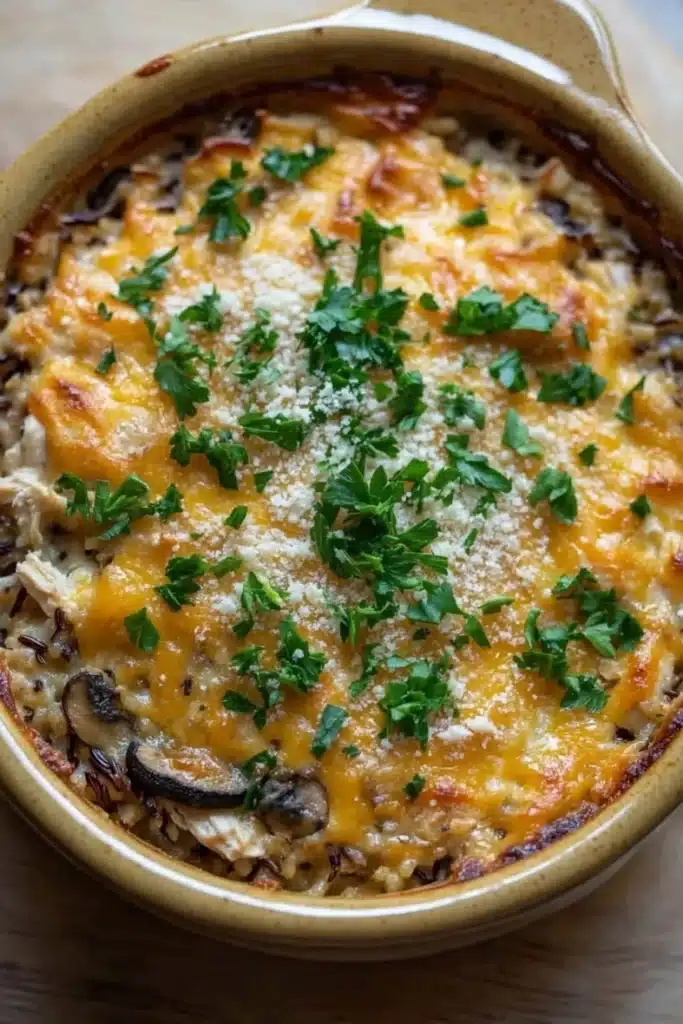 Baked chicken and wild rice casserole - the image shows a close-up of a casserole dish in a beige ceramic baking dish. the dish appears to be a baked dish with a golden-brown crust and a layer of melted cheese on top. the cheese is melted and bubbly, and there are small pieces of mushrooms scattered throughout the dish. there are also a few sprigs of fresh parsley on top, adding a pop of green color to the dish and giving it a fresh and appetizing appearance. the background is a wooden table, and the overall color scheme of the dish is warm and inviting.