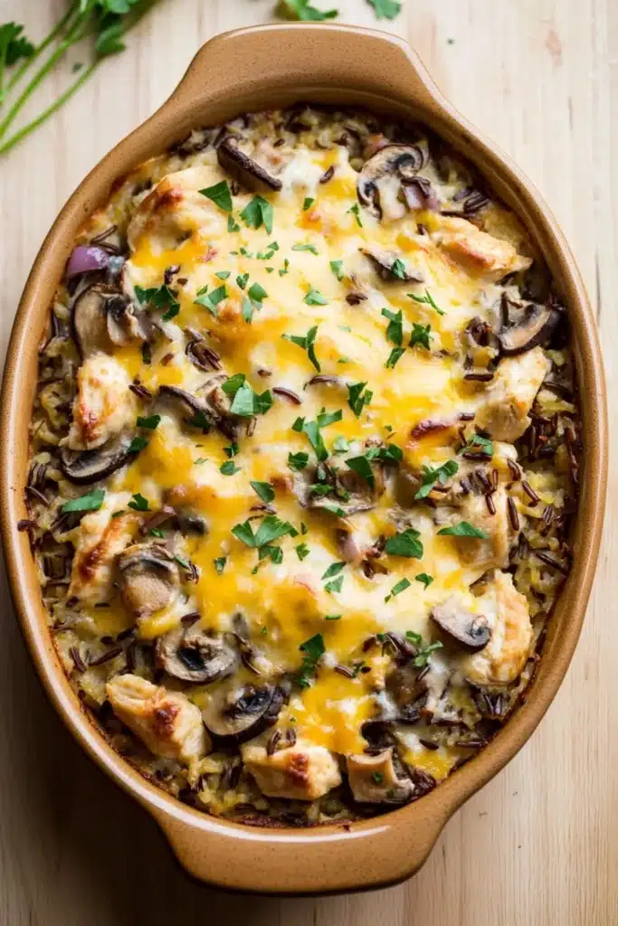 Baked chicken and wild rice casserole - the image shows a casserole dish filled with a dish of chicken and rice. the dish is made of ceramic and is placed on a wooden table. the chicken is cooked to a golden brown color and is topped with melted cheese and sliced mushrooms. the rice is a mix of brown and white colors, and there are a few sprigs of fresh parsley scattered around the dish. the overall appearance of the dish is savory and appetizing.