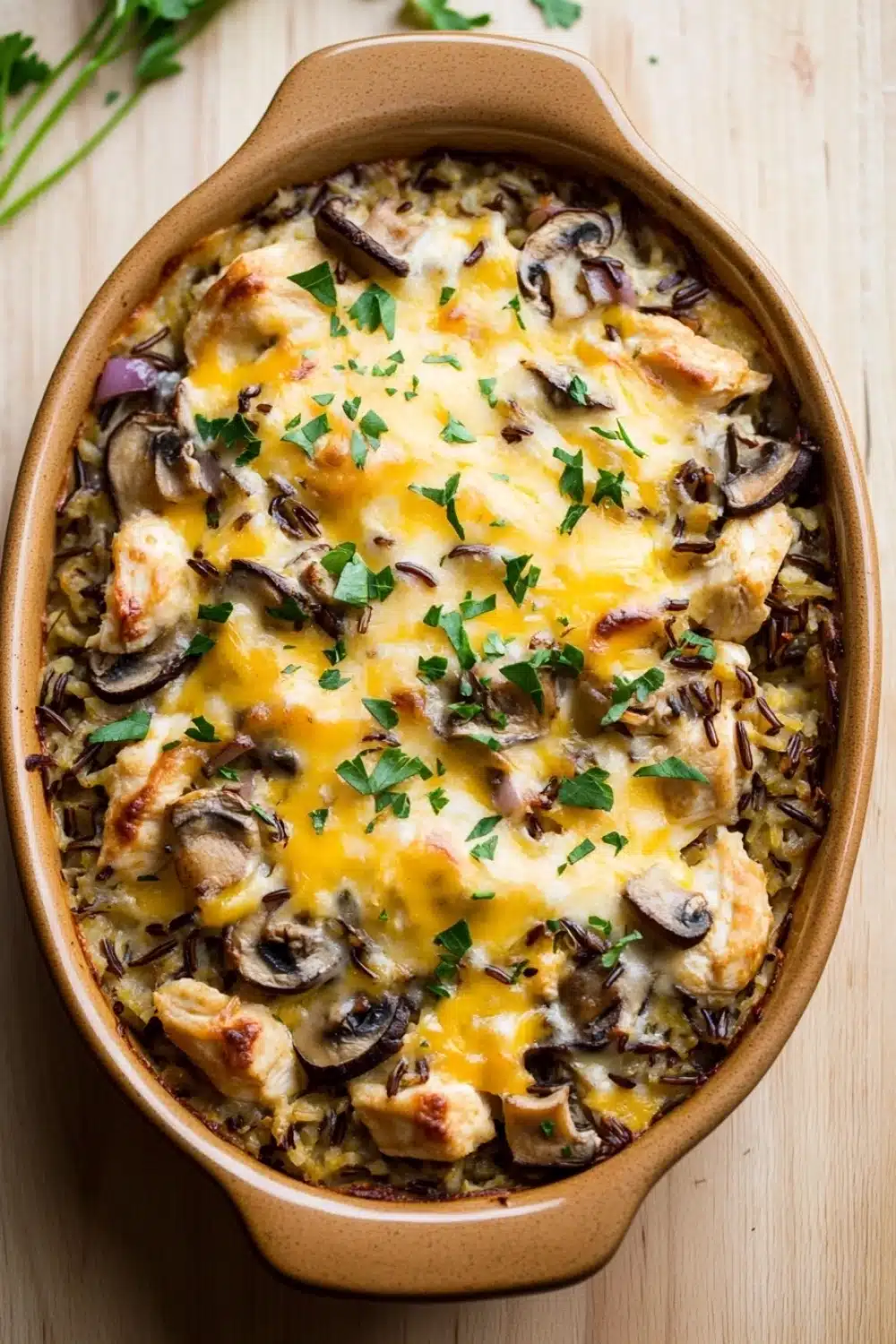 Baked chicken and wild rice casserole - the image shows a casserole dish filled with a dish of chicken and rice. the dish is made of ceramic and is placed on a wooden table. the chicken is cooked to a golden brown color and is topped with melted cheese and sliced mushrooms. the rice is a mix of brown and white colors, and there are a few sprigs of fresh parsley scattered around the dish. the overall appearance of the dish is savory and appetizing.