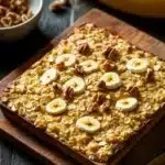 Banana bread baked oatmeal - the image shows a rectangular wooden tray with a freshly baked oatmeal on it. the oatmeal is golden brown and has a crumbly texture. on top of the oatmeal, there are sliced bananas and pecans scattered throughout. the tray is placed on a dark wooden table with a few bananas and a small bowl of nuts in the background. a beige cloth is draped over the table. the overall mood of the image is warm and inviting.