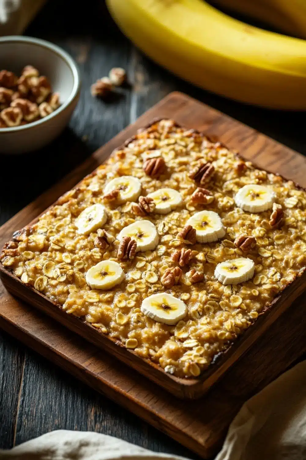 Banana bread baked oatmeal - the image shows a rectangular wooden tray with a freshly baked oatmeal on it. the oatmeal is golden brown and has a crumbly texture. on top of the oatmeal, there are sliced bananas and pecans scattered throughout. the tray is placed on a dark wooden table with a few bananas and a small bowl of nuts in the background. a beige cloth is draped over the table. the overall mood of the image is warm and inviting.