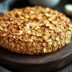 Banana bread baked oatmeal - the image shows a round cake on a wooden cutting board. the cake appears to be freshly baked and has a golden brown crust. it is topped with a generous amount of oats and nuts, giving it a crunchy texture. in the background, there is a white cup of coffee and a few sprigs of rosemary. the cutting board is placed on a dark wooden table with a gray cloth napkin underneath. the overall mood of the image is rustic and cozy.