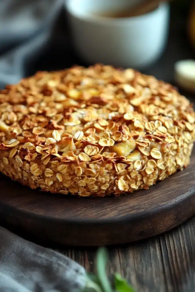 Banana bread baked oatmeal - the image shows a round cake on a wooden cutting board. the cake appears to be freshly baked and has a golden brown crust. it is topped with a generous amount of oats and nuts, giving it a crunchy texture. in the background, there is a white cup of coffee and a few sprigs of rosemary. the cutting board is placed on a dark wooden table with a gray cloth napkin underneath. the overall mood of the image is rustic and cozy.