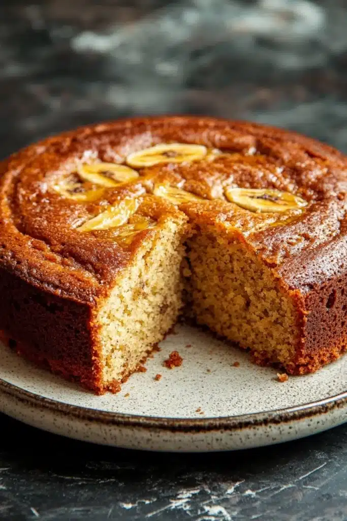 Banana cake - the image shows a round cake on a white plate with a slice taken out of it. the cake appears to be a bundt cake with a golden brown crust and a drizzle of caramel sauce on top. the caramel sauce is drizzled over the top of the cake, creating a swirl pattern. the plate is sitting on a dark grey countertop with a textured surface. the background is blurred, making the cake the focal point of the image.