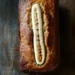 Banana cake loaf photography - the image is a close-up of a loaf of bread on a wooden surface. the bread appears to be freshly baked and has a golden brown crust on top. in the center of the loaf, there is a single banana that is cut in half, revealing the soft, fluffy interior. the banana is a bright yellow color and looks ripe and juicy. the loaf is resting on a dark wooden table with a rustic, weathered look. the overall mood of the image is warm and inviting.