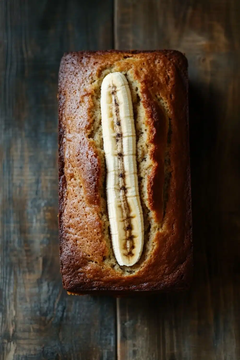 Banana cake loaf photography - the image is a close-up of a loaf of bread on a wooden surface. the bread appears to be freshly baked and has a golden brown crust on top. in the center of the loaf, there is a single banana that is cut in half, revealing the soft, fluffy interior. the banana is a bright yellow color and looks ripe and juicy. the loaf is resting on a dark wooden table with a rustic, weathered look. the overall mood of the image is warm and inviting.