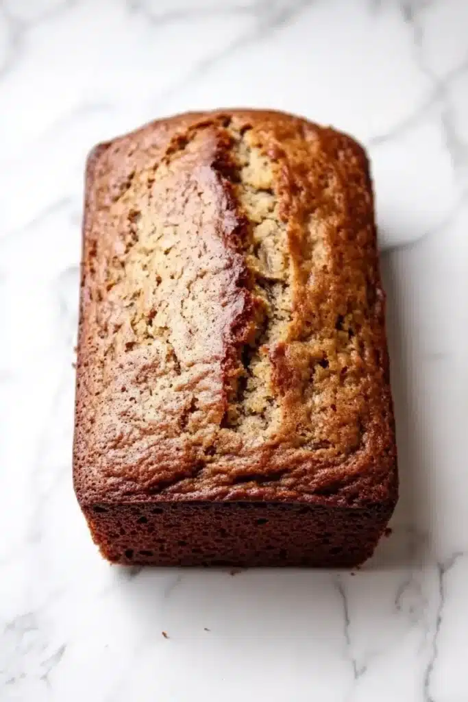 Banana cake loaf photography - the image is a close-up of a freshly baked loaf of bread on a white marble countertop. the bread appears to be golden brown in color and has a slightly crumbly texture. it has a soft, fluffy interior with visible chunks of nuts and seeds scattered throughout. the loaf is slightly tilted to the side, with the top half of the loaf facing towards the right side of the image. the background is blurred, making the bread the focal point of the frame.
