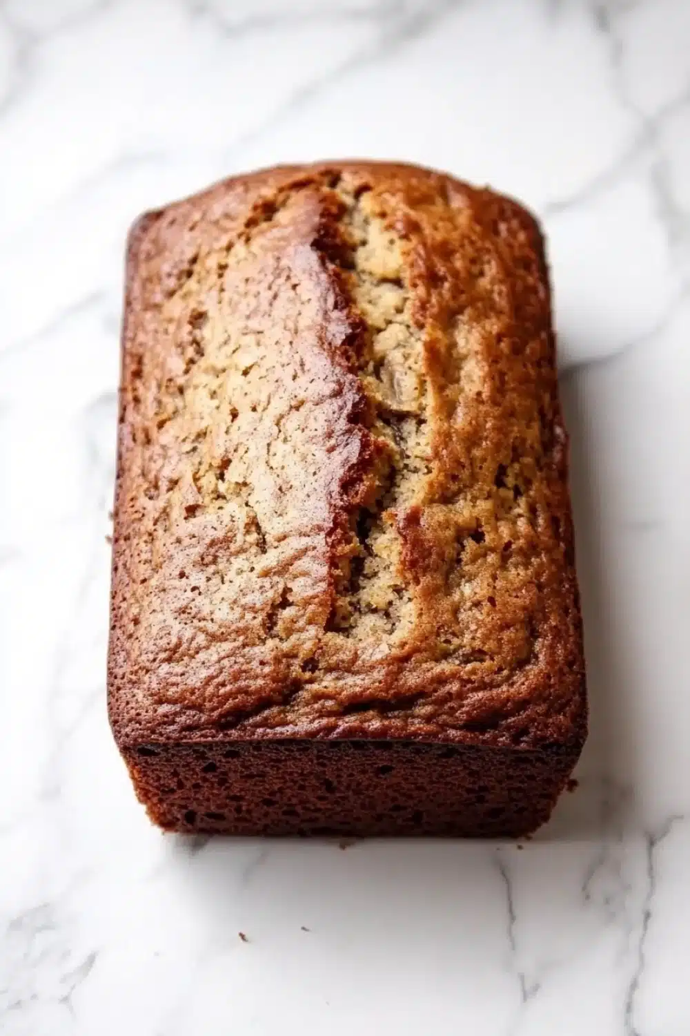 Banana cake loaf photography - the image is a close-up of a freshly baked loaf of bread on a white marble countertop. the bread appears to be golden brown in color and has a slightly crumbly texture. it has a soft, fluffy interior with visible chunks of nuts and seeds scattered throughout. the loaf is slightly tilted to the side, with the top half of the loaf facing towards the right side of the image. the background is blurred, making the bread the focal point of the frame.