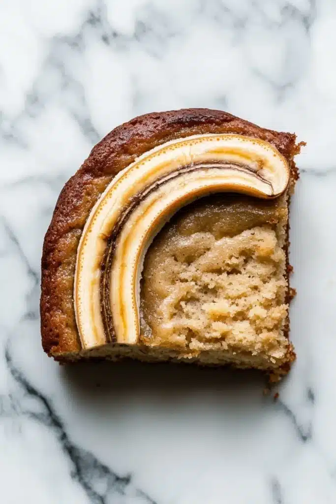 Banana cake slice plating - the image is a close-up of a slice of cake on a white marble surface. the cake appears to be a bundt cake with a golden brown crust and a layer of caramelized bananas on top. the bananas are arranged in a diagonal line, with the top banana being slightly larger than the bottom one. the caramel is drizzled over the top of the cake, creating a smooth and creamy texture. the slice is cut in half, revealing the soft, fluffy interior. the background is blurred, making the cake the focal point of the image.
