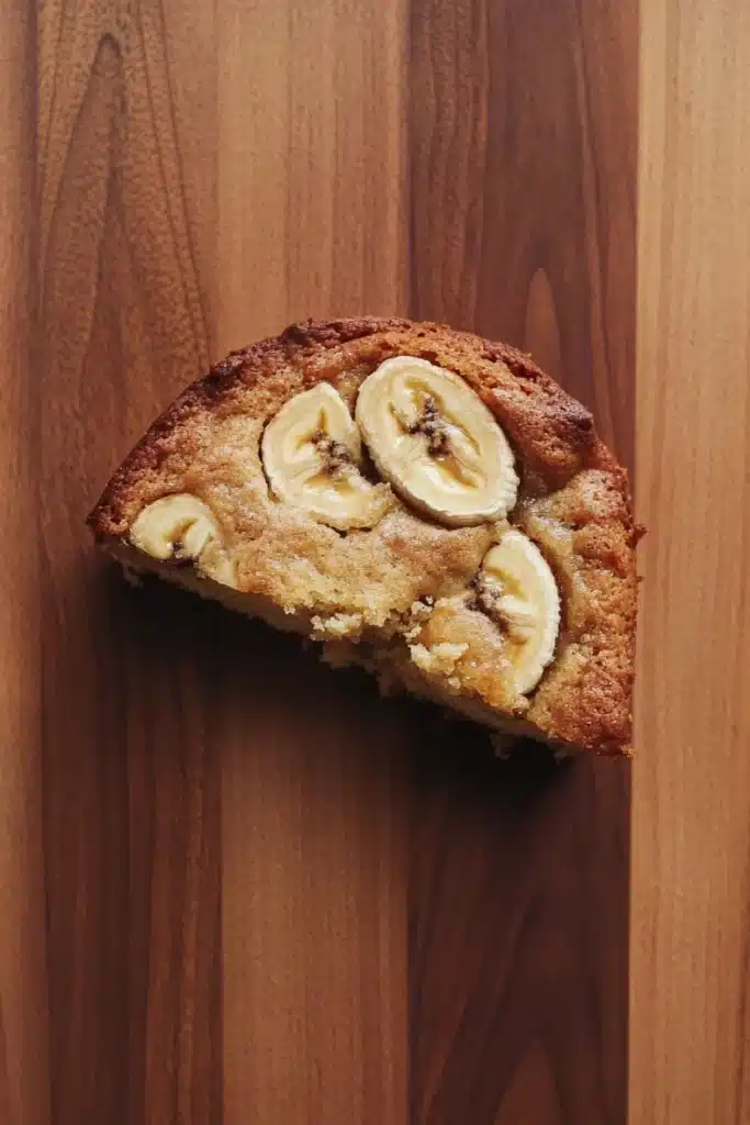Banana cake slice plating - the image is a close-up of a slice of banana bread on a wooden surface. the bread appears to be freshly baked and has a golden brown crust on top. the slices are arranged in a circular pattern and are evenly spaced along the edges of the bread. the banana slices are cut in half, revealing the soft, fluffy interior. the wooden surface has a rustic, natural look with visible grain and texture. the overall mood of the image is warm and inviting.