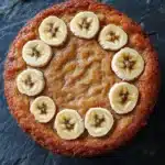 Banana cake toddler - the image is a close-up of a round cake with a golden brown crust. the cake is placed on a dark grey textured surface. on top of the cake, there are several sliced bananas arranged in a circular pattern. the bananas are light brown in color and appear to be freshly baked. there are also some chocolate chips scattered throughout the cake. the overall appearance is rustic and appetizing.