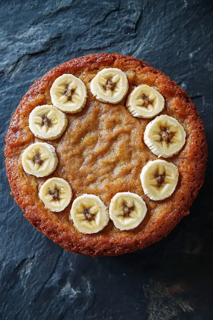 Banana cake toddler - the image is a close-up of a round cake with a golden brown crust. the cake is placed on a dark grey textured surface. on top of the cake, there are several sliced bananas arranged in a circular pattern. the bananas are light brown in color and appear to be freshly baked. there are also some chocolate chips scattered throughout the cake. the overall appearance is rustic and appetizing.