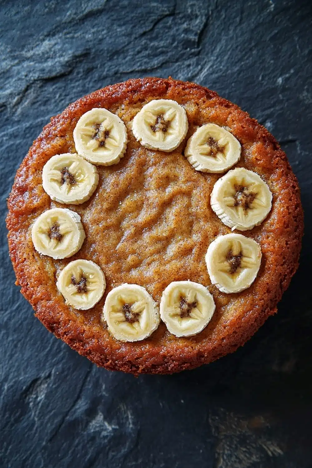 Banana cake toddler - the image is a close-up of a round cake with a golden brown crust. the cake is placed on a dark grey textured surface. on top of the cake, there are several sliced bananas arranged in a circular pattern. the bananas are light brown in color and appear to be freshly baked. there are also some chocolate chips scattered throughout the cake. the overall appearance is rustic and appetizing.