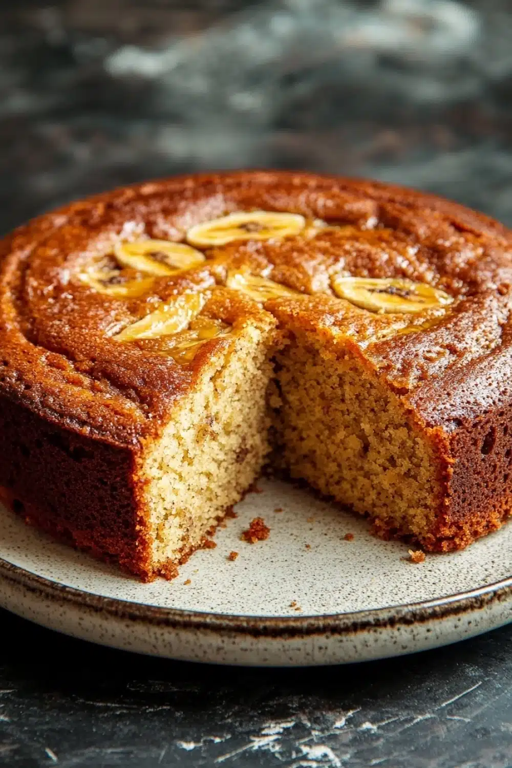 Banana cake - the image shows a round cake on a white plate with a slice taken out of it. the cake appears to be a bundt cake with a golden brown crust and a drizzle of caramel sauce on top. the caramel sauce is drizzled over the top of the cake, creating a swirl pattern. the plate is sitting on a dark grey countertop with a textured surface. the background is blurred, making the cake the focal point of the image.