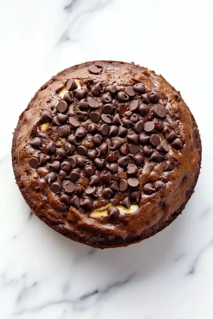 Banana chocolate cake - the image is a close-up of a round chocolate cake on a white marble surface. the cake appears to be freshly baked and has a golden brown color. on top of the cake, there are small chocolate chips scattered all over the surface, creating a textured pattern. the chocolate chips are evenly distributed throughout the cake. the background is blurred, making the cake the focal point of the image.