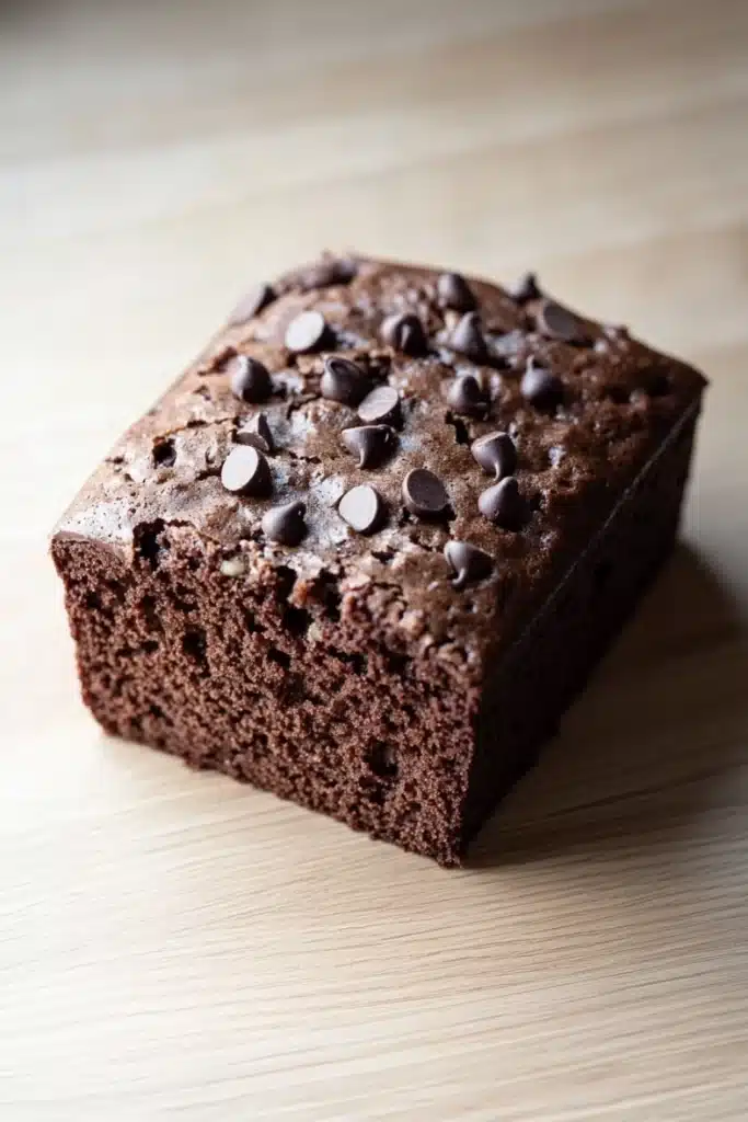 Banana chocolate cake - the image is a close-up of a square-shaped chocolate cake on a wooden surface. the cake appears to be freshly baked and has a rich, dark brown color. it is topped with small, chocolate chips scattered across the top, giving it a shiny appearance. the edges of the cake are slightly curled, indicating that it has been freshly baked. the background is blurred, making the cake the focal point of the image.