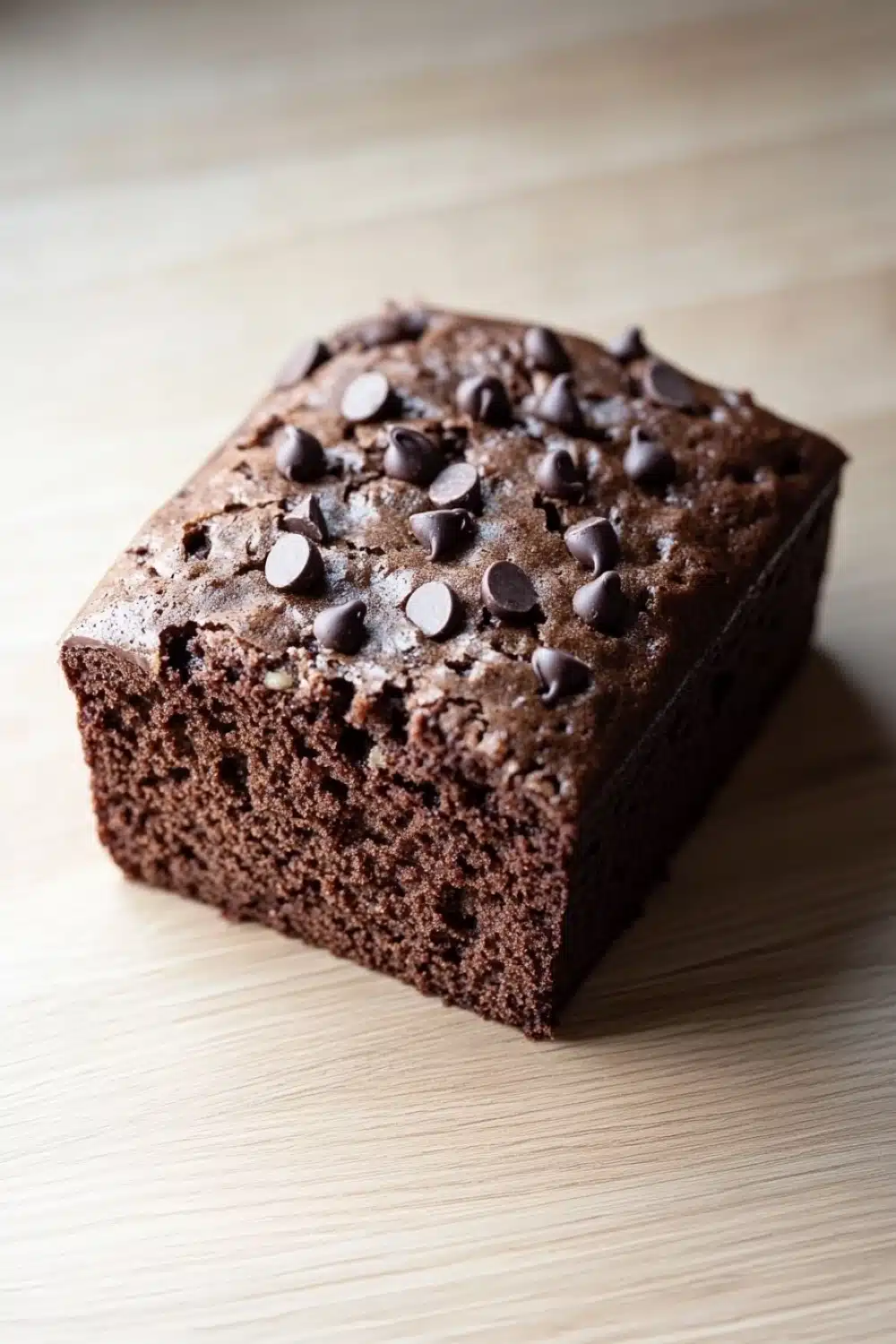Banana chocolate cake - the image is a close-up of a square-shaped chocolate cake on a wooden surface. the cake appears to be freshly baked and has a rich, dark brown color. it is topped with small, chocolate chips scattered across the top, giving it a shiny appearance. the edges of the cake are slightly curled, indicating that it has been freshly baked. the background is blurred, making the cake the focal point of the image.