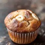 Banana muffin gluten free - the image is a close-up of a freshly baked banana muffin. the muffin is golden brown in color and has a crumbly texture. it is sitting on a dark wooden surface with a textured surface. on top of the muffin, there is a single banana cut in half, revealing the soft, fluffy interior. the banana is sprinkled with a light dusting of powdered sugar. the overall mood of the image is warm and inviting.