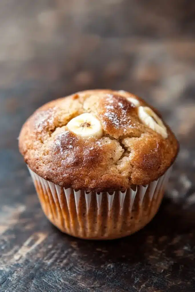 Banana muffin gluten free - the image is a close-up of a freshly baked banana muffin. the muffin is golden brown in color and has a crumbly texture. it is sitting on a dark wooden surface with a textured surface. on top of the muffin, there is a single banana cut in half, revealing the soft, fluffy interior. the banana is sprinkled with a light dusting of powdered sugar. the overall mood of the image is warm and inviting.