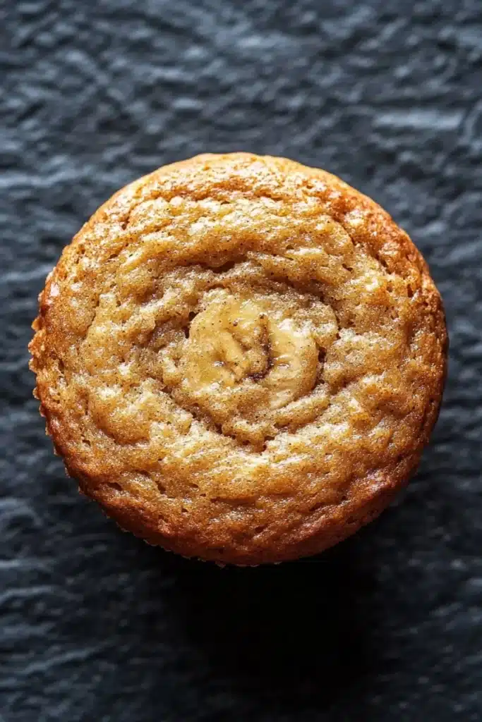 Banana muffin protein - the image is a close-up of a freshly baked cinnamon roll on a black textured surface. the cinnamon roll is golden brown in color and has a swirl pattern on top. it appears to be soft and fluffy, with a slightly crumbly texture. the background is a solid black color, making the cinnamon roll stand out even more. the overall mood of the image is warm and inviting.