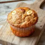 Banana muffin rustic bread - the image shows a freshly baked banana muffin on a wooden cutting board. the muffin is golden brown in color and has a crumbly texture. it is topped with sliced bananas, giving it a crunchy appearance. the cutting board is placed on a white wooden table with a rustic background. the overall mood of the image is warm and inviting.