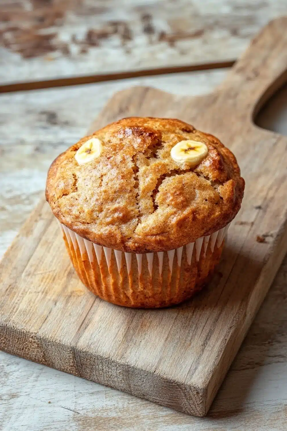 Banana muffin rustic bread - the image shows a freshly baked banana muffin on a wooden cutting board. the muffin is golden brown in color and has a crumbly texture. it is topped with sliced bananas, giving it a crunchy appearance. the cutting board is placed on a white wooden table with a rustic background. the overall mood of the image is warm and inviting.