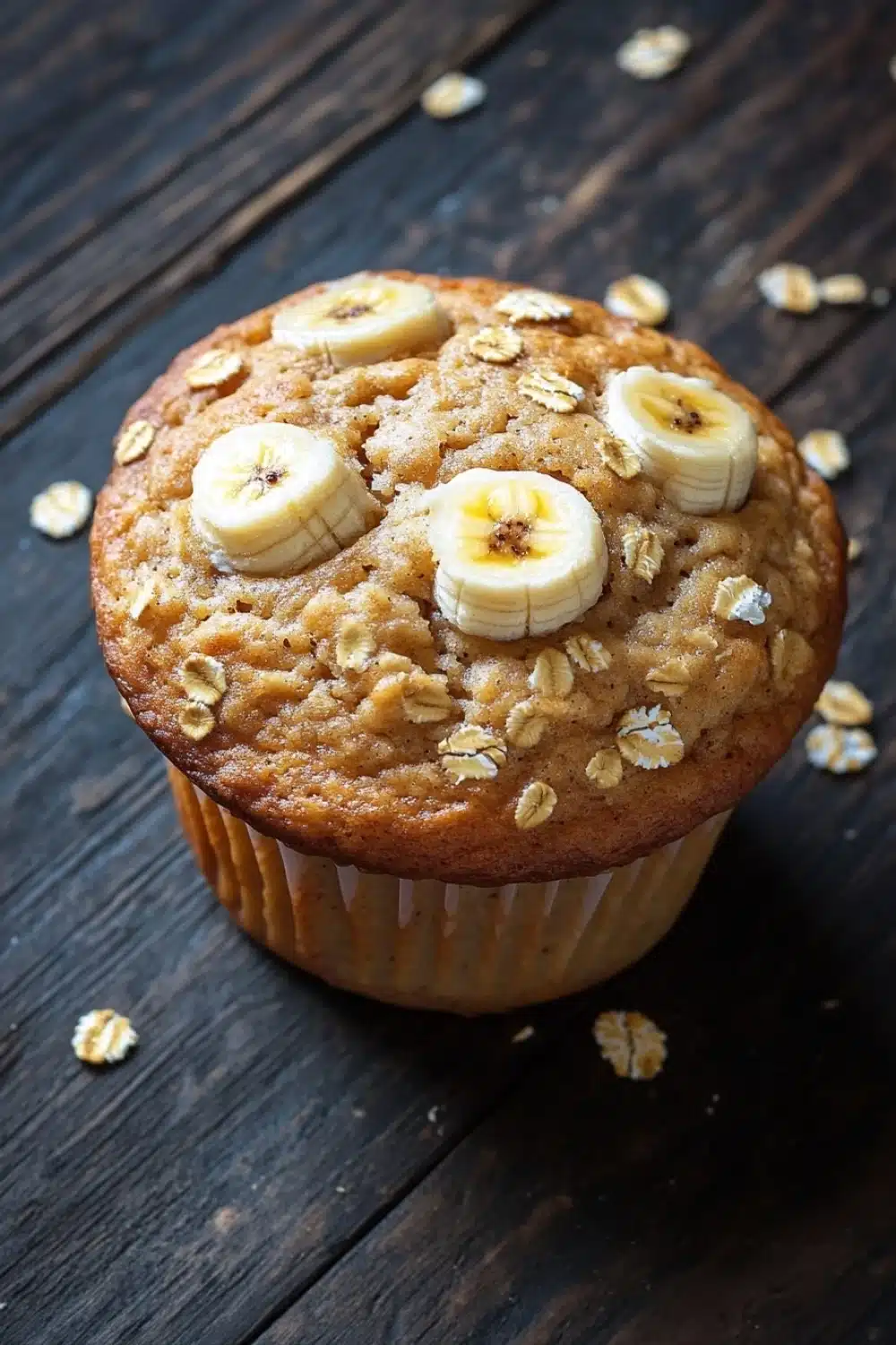 Banana oat yogurt muffin - the image is of a freshly baked banana muffin on a wooden surface. the muffin is golden brown in color and has a crumbly texture. on top of the muffin, there are several sliced bananas arranged in a circular pattern. the bananas are cut into thin slices and are scattered around the edges of the cupcake. the background is blurred, but it appears to be a dark wooden table. the overall mood of the image is warm and inviting.
