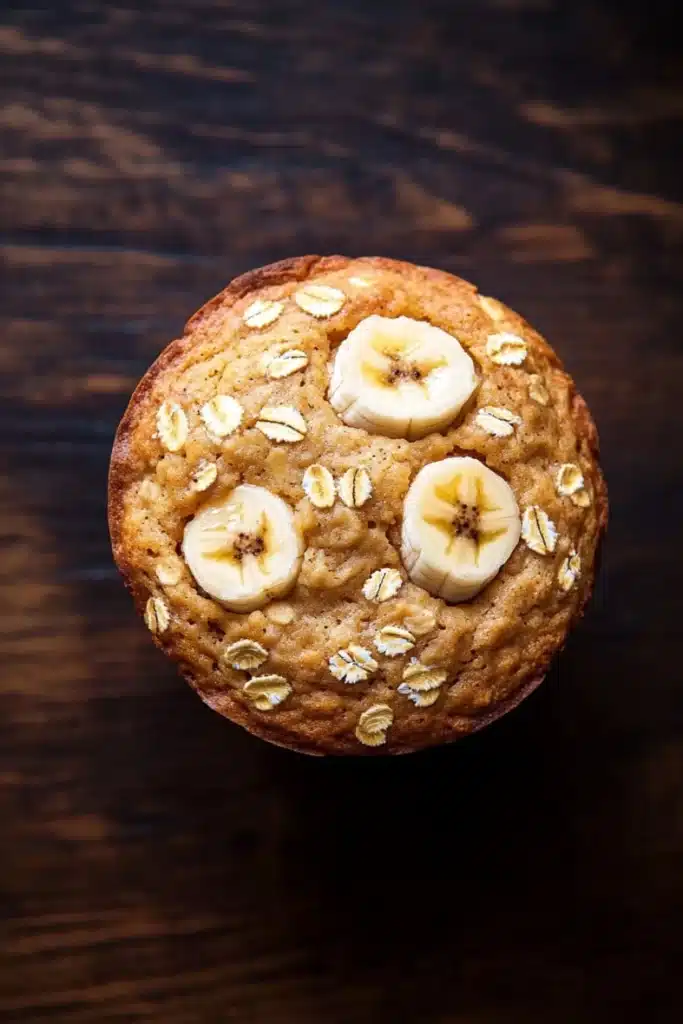 Banana oat yogurt muffin - the image is a close-up of a round, golden-brown muffin on a wooden surface. the muffin appears to be freshly baked and has a golden brown crust. on top of the muffin, there are three sliced bananas arranged in a circular pattern. the bananas are white and appear to be ripe and juicy. the background is dark and out of focus, making the muffins the focal point of the image.