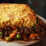 Beef casserole with cornbread topping - the image shows a slice of cornbread on a wooden plate. the cornbread is golden brown and has a crumbly texture. it appears to be freshly baked and is filled with ground beef, peas, carrots, and other vegetables. the plate is sitting on a dark wooden table with a blurred background. the overall color scheme of the image is warm and inviting.