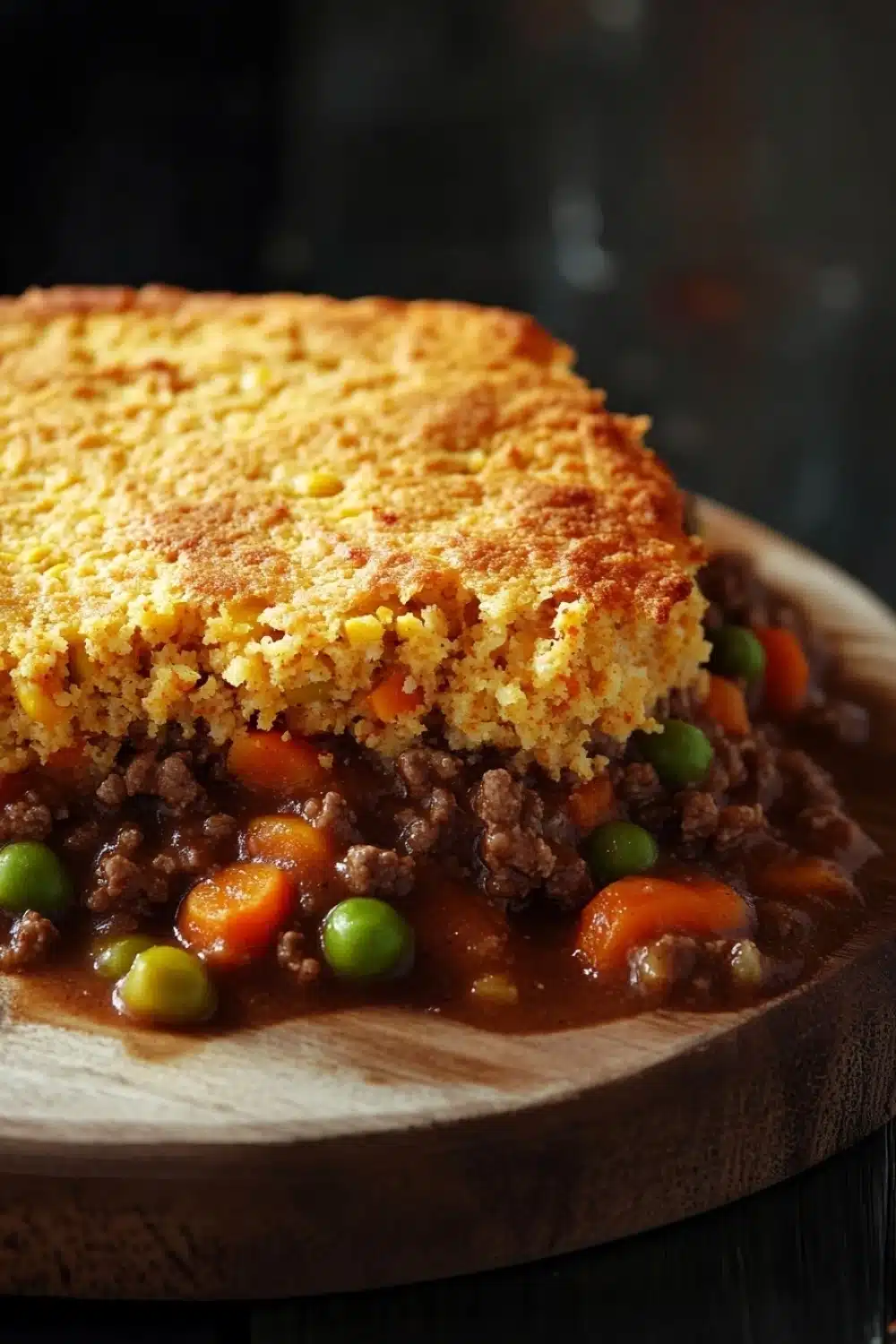 Beef casserole with cornbread topping - the image shows a slice of cornbread on a wooden plate. the cornbread is golden brown and has a crumbly texture. it appears to be freshly baked and is filled with ground beef, peas, carrots, and other vegetables. the plate is sitting on a dark wooden table with a blurred background. the overall color scheme of the image is warm and inviting.