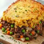 Beef casserole with cornbread topping - the image shows a slice of shepherd's pie on a wooden cutting board. the pie has a golden brown crust on top and is filled with a mixture of ground beef, peas, carrots, onions, and other vegetables. the filling appears to be cooked and ready to eat. the cutting board is garnished with chopped parsley. the background is a white marble countertop.