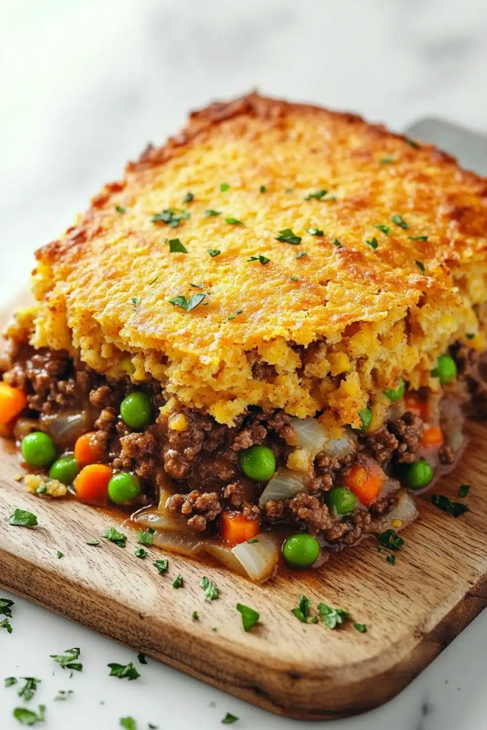 Beef casserole with cornbread topping - the image shows a slice of shepherd's pie on a wooden cutting board. the pie has a golden brown crust on top and is filled with a mixture of ground beef, peas, carrots, onions, and other vegetables. the filling appears to be cooked and ready to eat. the cutting board is garnished with chopped parsley. the background is a white marble countertop.