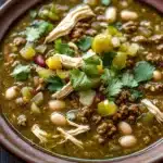Beef green chicken chili freezer meal - the image is a close-up of a bowl of soup. the soup appears to be a greenish-brown color and is filled with chunks of meat, vegetables, and white beans. there are also chunks of chicken and cilantro scattered throughout the soup. in the background, there are two limes and a wooden table. the overall mood of the image is warm and inviting.