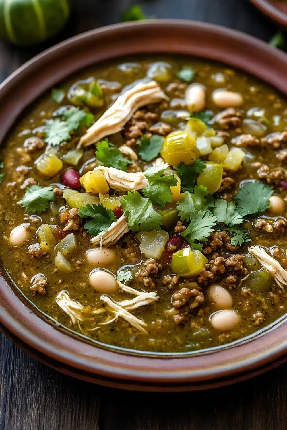Beef green chicken chili freezer meal - the image is a close-up of a bowl of soup. the soup appears to be a greenish-brown color and is filled with chunks of meat, vegetables, and white beans. there are also chunks of chicken and cilantro scattered throughout the soup. in the background, there are two limes and a wooden table. the overall mood of the image is warm and inviting.