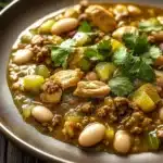 Beef green chicken chili freezer meal - the image is a close-up of a bowl of chili. the chili is a rich, dark brown color and appears to be made with chunks of meat, beans, and vegetables. the dish is garnished with fresh cilantro leaves. the bowl is sitting on a wooden table with a blurred background. the overall mood of the image is warm and inviting.