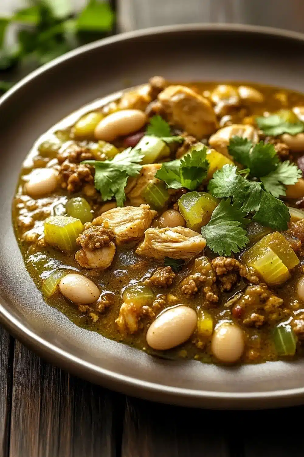 Beef green chicken chili freezer meal - the image is a close-up of a bowl of chili. the chili is a rich, dark brown color and appears to be made with chunks of meat, beans, and vegetables. the dish is garnished with fresh cilantro leaves. the bowl is sitting on a wooden table with a blurred background. the overall mood of the image is warm and inviting.