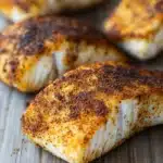 Blackened tilapia in air fryer - the image shows four pieces of cooked fish fillets on a wooden surface. the fillets are golden brown and appear to be seasoned with herbs and spices. they are arranged in a scattered manner, with some overlapping each other. the background is blurred, but it appears to be a wooden table or countertop. the overall mood of the image is rustic and appetizing.