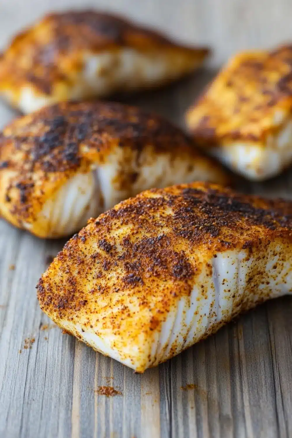 Blackened tilapia in air fryer - the image shows four pieces of cooked fish fillets on a wooden surface. the fillets are golden brown and appear to be seasoned with herbs and spices. they are arranged in a scattered manner, with some overlapping each other. the background is blurred, but it appears to be a wooden table or countertop. the overall mood of the image is rustic and appetizing.