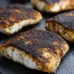 Blackened tilapia in air fryer - the image shows six pieces of cooked fish fillets on a black slate plate. the fillets are golden brown and appear to be seasoned with herbs and spices. they are arranged in a single layer on the plate, with some overlapping each other. the plate is placed on a wooden table, and the background is blurred, making the fillets the focal point of the image.